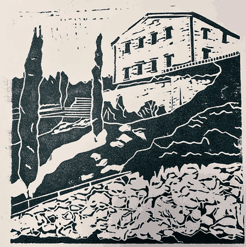 Villa Ortali logo — linocut illustration of the farmhouse and cypress trees